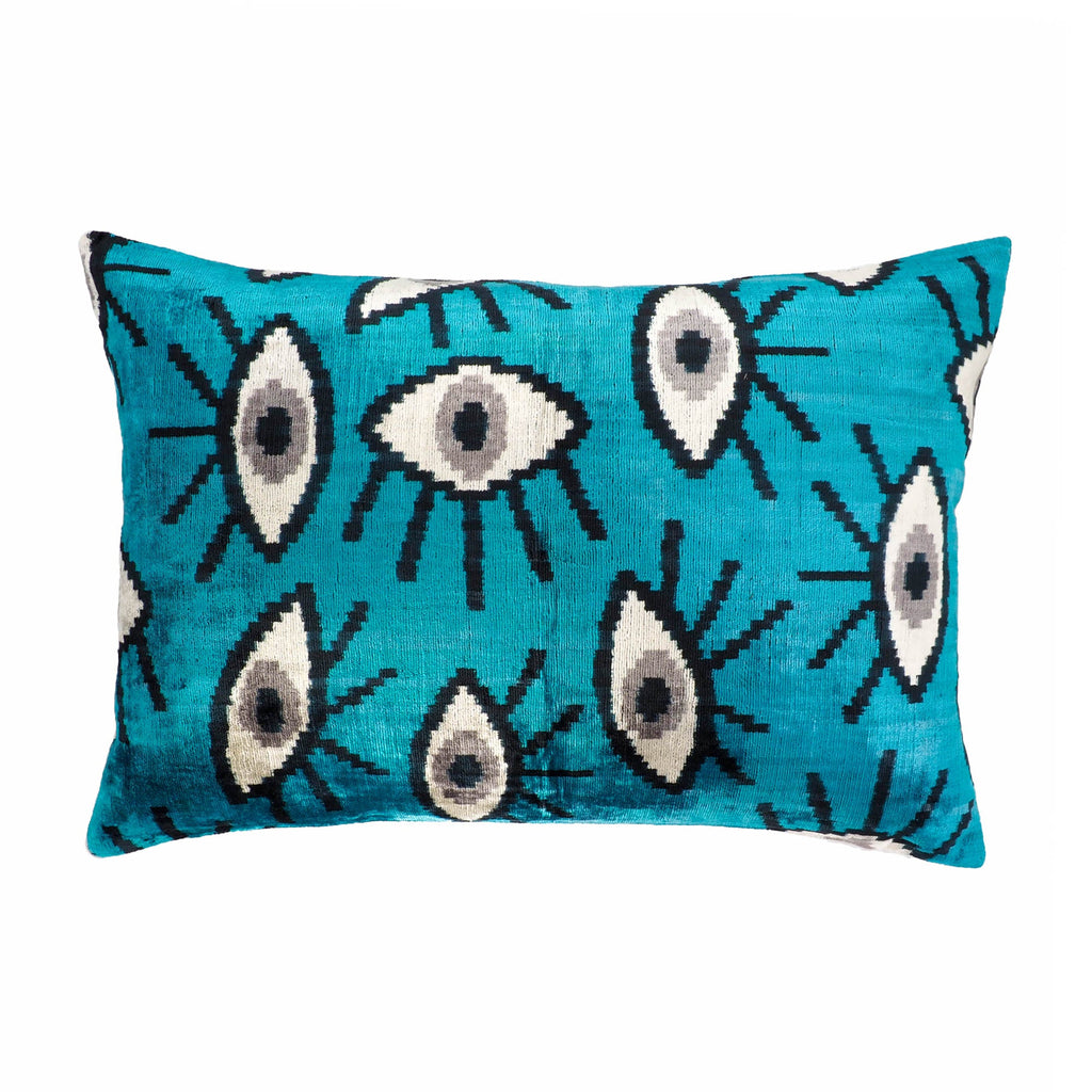 Blue Eyes Silk Velvet Ikat Throw Cushion