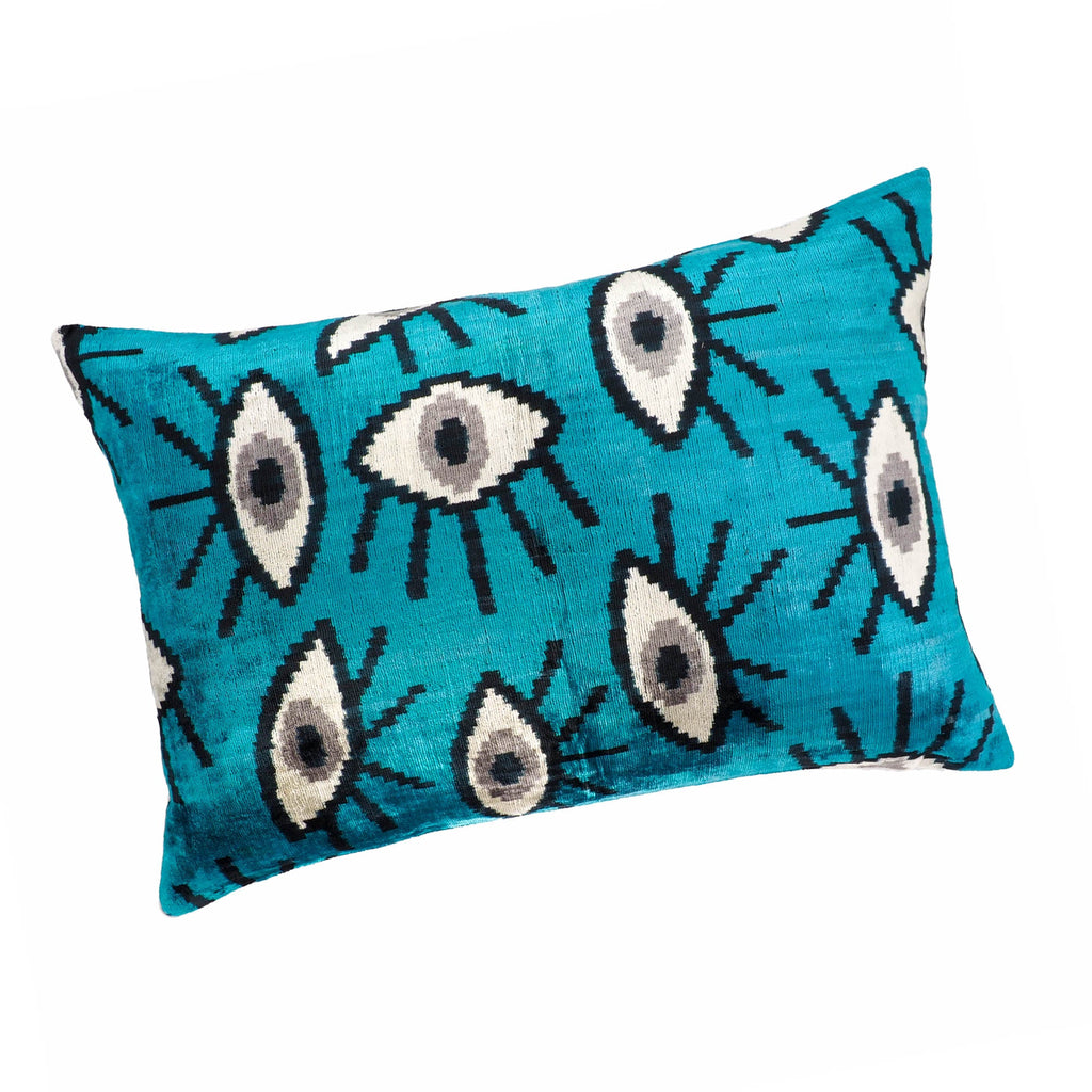 Blue Eyes Silk Velvet Ikat Throw Cushion